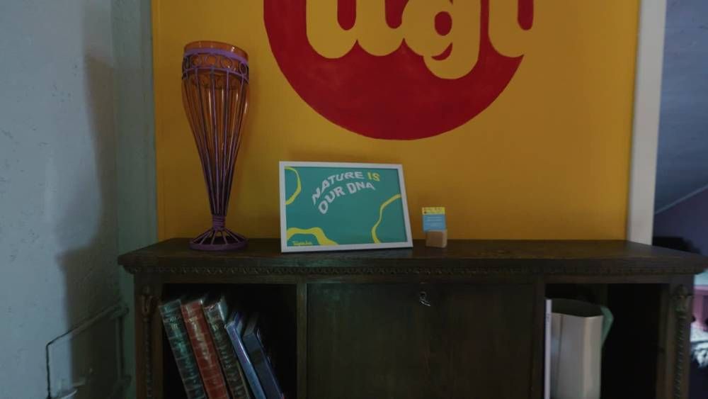 The yellow hallway inside the house, with the tigl mark painted on the wall